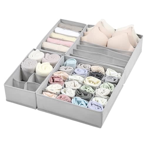Vtopmart 4 Pack Underwear Drawer Organizers Set, 6+7+8+24 Cells Clothes Drawer Dividers Dresser Organizers Bins for Socks, Bras, Scarves, Ties, Non-Woven Fabric Storage Boxes for Closet, Nursery