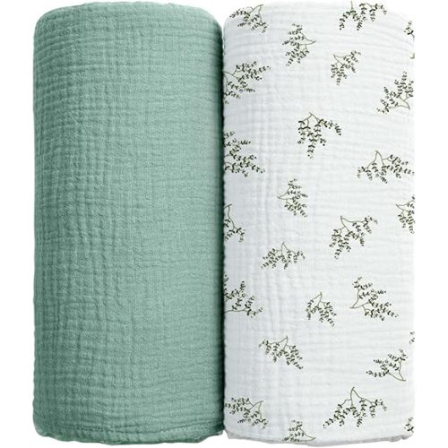 lulumoon Baby Muslin Swaddle Blankets: Soft Receiving Blanket for Newborn - Cotton Swaddling Blanket for Neutral 2Pack(Leaf Summer)