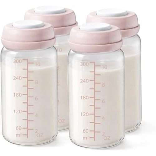 4PCS Breastmilk Storage Bottle for Momcozy 22oz Breast Milk Cooler, Wide Neck Breastmilk Collection Compatible with Spectra S1/S2/9 Plus/SG/Motif Luna, Certain Philips Avent Nipples, 10oz/300ml, Pink