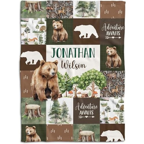Woodland Baby Blankets, Personalized Baby Blankets for Boys Girl, Custom Baby Name Blanket, Baby Woodland Stuff, Nursery Decor, for Son Daughter, Woodland Animal (Bear)