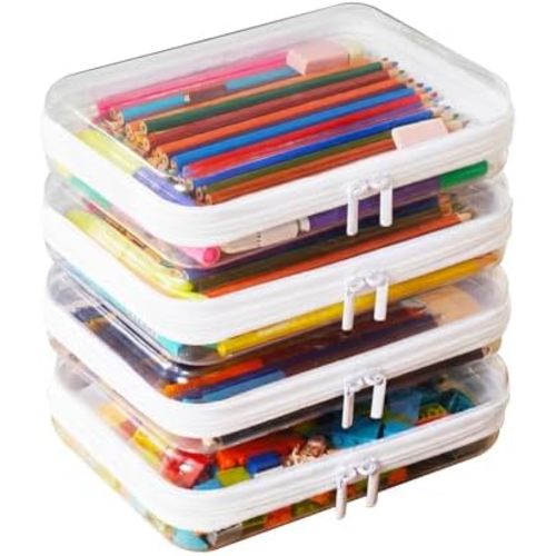MACOPRO 4PCS Medium Clear Hard Shell Zipper Pouch - Makeup Organizer & Toy Storage Bag for Lego Bricks, Transparent Pencil Case for Stationery, Portable Travel Toiletries Bag