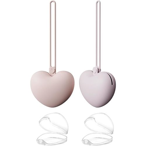 4pcs Pacifier Holder Case Set, 2pcs Silicone Portable Pacifier Pouch and 2pcs Transparent Pacifier Storage Container, Cute Heart Shape Pacifier Storage Case for Newborn Baby(Pink+Purple)