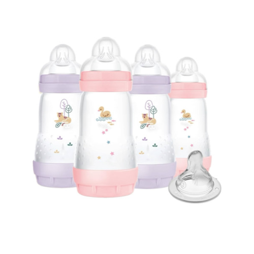 MAM 9oz Easy Start Anti-Colic Baby Bottles, Medium Flow with Bonus Fast Flow Nipple, Breastfeeding-Like Silicone, Reduces Colic and Gas, Easy-to-Clean, BPA-Free, 2 Plus Months