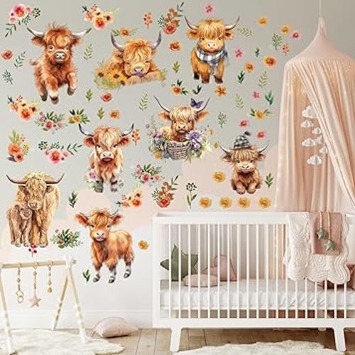 Yinder 12 Sheet 78 Pcs Highland Cow Wall Decals Baby Wall Decals Highland Cow Sticker Cute Nursery Baby Decor for Kids Girls Boys Room Bedroom