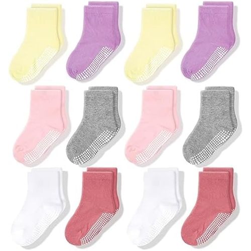 CozyWay Baby & Toddler Socks With Grippers Non Slip Crew Grip Socks for Girls and Boys Soft Comfy Cotton - 12 Pack