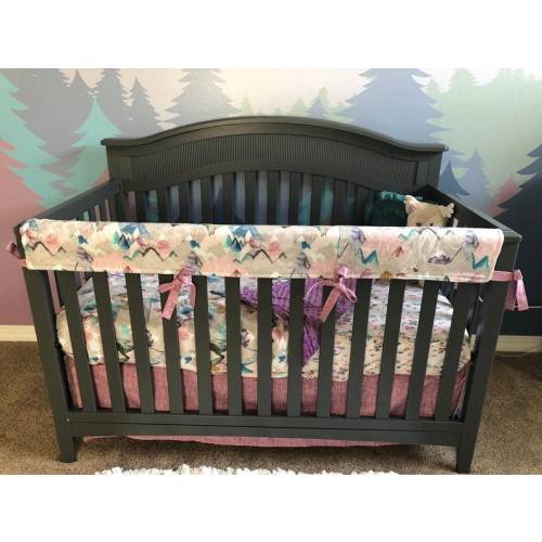 Girls Mountain Crib Bedding Set Call of the Mountains Personalized 1-3 Piece Set Mauve Teal Pink Gray Minky Includes