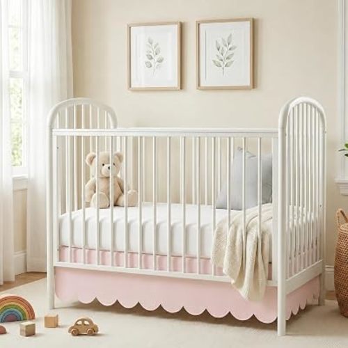 28 x 52 Inch Pink Crib Skirt 14 Inch Drop, Scalloped Crib Bed Skirt