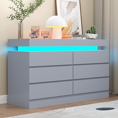 6 Drawer Dresser with Power Outlet, Dresser with LED Light, Modern Chest of Drawers for Closet, Double Wide Drawer Organizer Cabinet for Bedroom, Living Room (Grey, 6 Drawers)