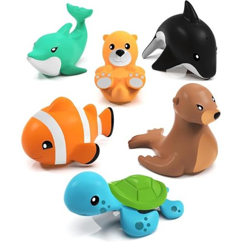 Tub Works® Marine™ Mold Free Bath Toys, 6 Pack | Sealed, No Hole Bath Toys Design Keeps Moisture Out | Soft, Squeezable & Float on Water | Easy-Grip Baby & Toddler Bath Toy Set | Great Baby Pool Toys