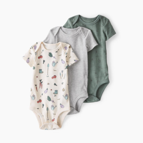 Carter's Little Planet Organic Cotton Rib Bodysuits (3 Pack) - Veggie Garden, Striped, Green Team, 3 M