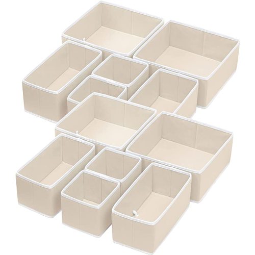 Simple Houseware Foldable Cloth Storage Box Closet Dresser Drawer Divider Organizer Basket Bins for Underwear Bras, Beige (Set of 12) - 4L / 4M / 4S