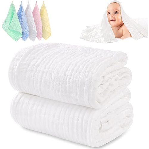 HardNok Muslin Baby Towel and Washclothes, 2 Large Gauze Super Soft Baby Bath Towel and 5 Washcloths, 6 Layers Muslin Cotton Infant Towel Suitable for Baby's Delicate Skin(White)