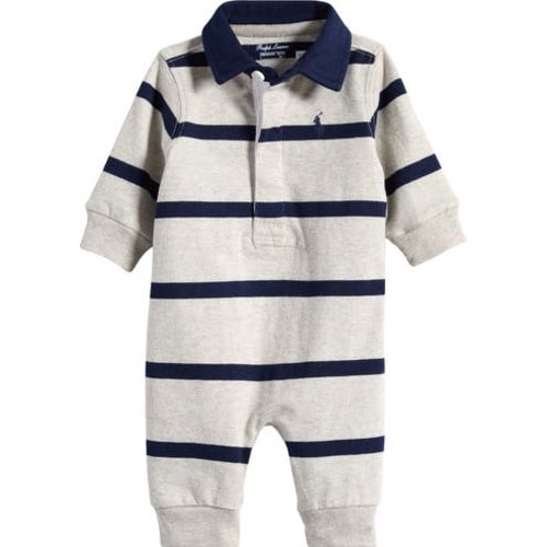Rugby Stripe Cotton Interlock Polo Romper, 3M