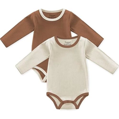 Baby Girls Boys Long Sleeve Bodysuits, Organic Cotton Waffle Gender Neutral Romper 2 Packs