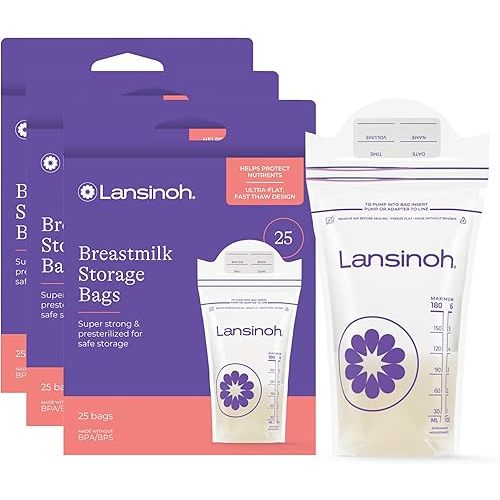 Lansinoh Breastmilk Storage Bags, 75 Count, Baby Essentials, Fast Freeze & Thaw Breast Milk Bags for Baby Bottle Feeding, Superior Strength & Stretch, 6 Ounce