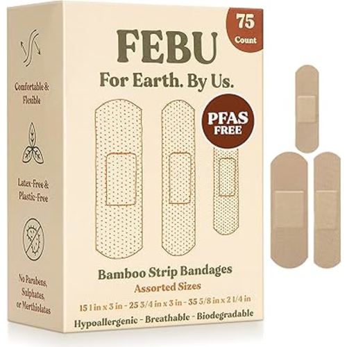 FEBU Eco-Friendly Bamboo Fabric Bandages | PFAS Free Flexible Fabric Bandages | Natural Hypoallergenic Bandage for Scrapes, Cuts & First Aid | Fully Compostable, Latex Free Bandage | 75 Count Strip