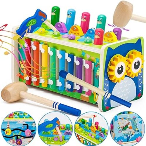 7-in-1 Wooden Hammering Pounding Toys for 1 2 3 4 Year Old Boys and Girls, Wooden Montessori Toys for Babies, Whack a Mole Game with Xylophone and Fishing Game Toddler Activities Gift