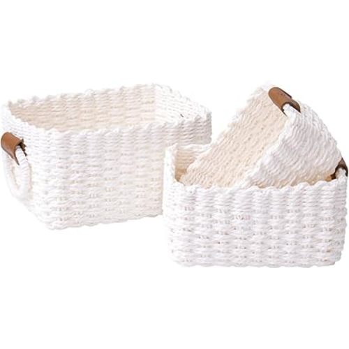 LA JOLIE MUSE Woven Storage Baskets for Organizing, Recycled Paper Rope Basket Bin Divider for Makeup Towel Shelf Cupboards Drawer Closet Dresser, Decorative White Storage Basket Set of 3