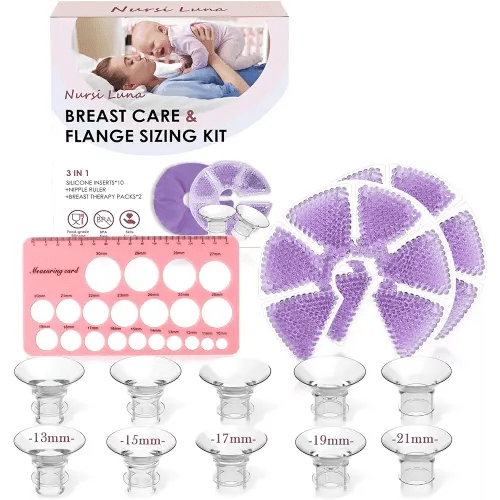 Flange Sizing Kit with Flange Inserts 13/15/17/19/21mm 10PCS, Nipple Ruler Tool, 2 Hot and Cold Breast Therapy Packs, Flange Insert for 24mm Pump, Breastfeeding Essential Kit for New Moms