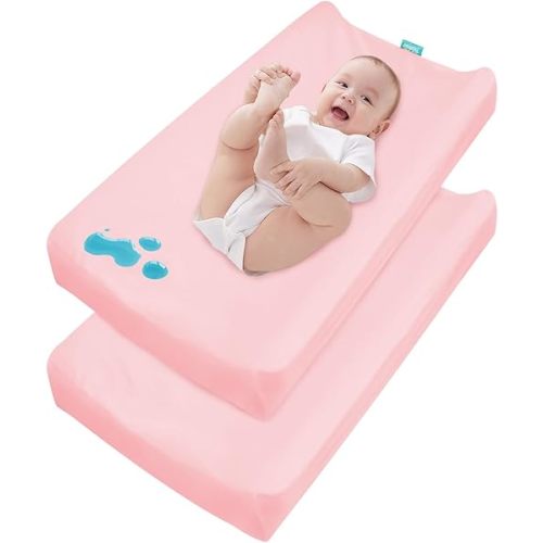 Changing Pad Cover Waterproof, 2 Pack Diaper Change Table Sheets for Baby Girls, Fitted Cradle Sheets for 32"x16" Contoured Pad, Breathable & Ultra Soft, Pink