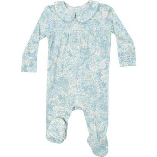 Ribbed Blue Meadow Floral Smocked Peter Pan Footie, Blue - Angel Dear | Maisonette