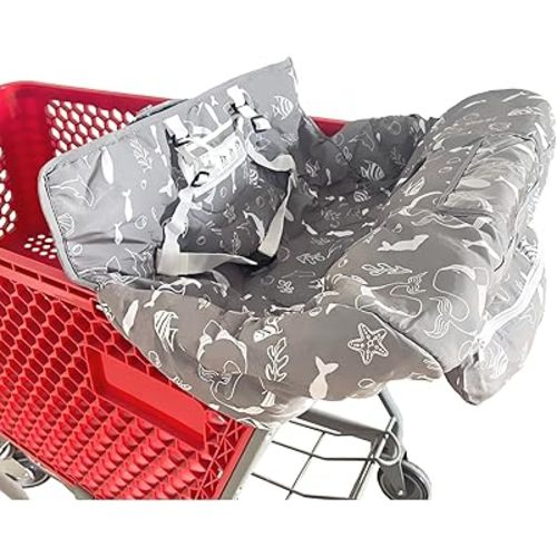 Portable 2-in-1 Grocery Cart Seat Cover and Baby Highchair Cover (Gray Seaworld)