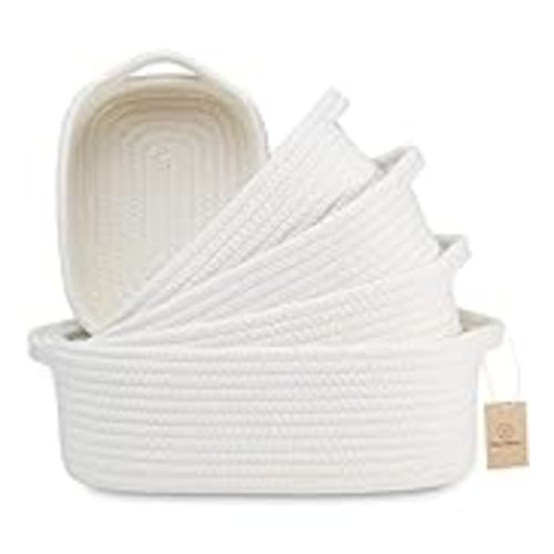 NaturalCozy 5-Piece Rectangle Storage Basket Set- Natural Cotton Rope Woven for Organizing! Small Basket for Montessori, Baby Nursery, Dog Toy Baskets, Cat Toy Box, Bathroom Organization Bin - Off White