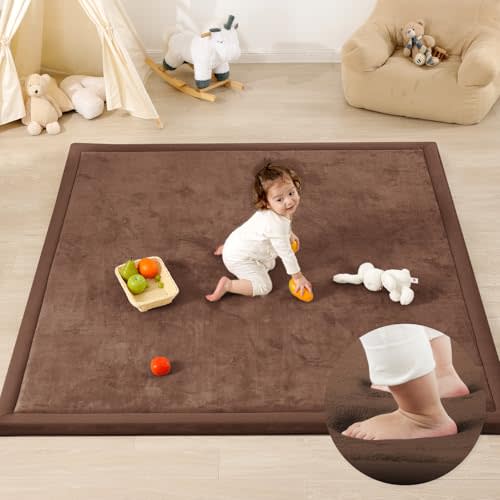 PaPaMat 1.3" Thick Baby Play Mat for Floor Playpen, 50x50 Foam Tummy Time Mat, Padded Support Soft Plush Nursery Rug for Infant Kids Toddler Crawling Kick Activity (Chocolate Brown)