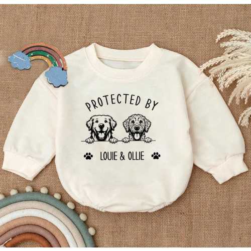 Custom Protected By Dog Romper Sweatshirt, Protected By Pets Newborn Outfit, Personalized Baby Bodysuit, Custom Dog Romper, Baby Shower Gift