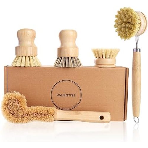 Bamboo Dish Brush Set - 5 Packs Natural Wooden Kitchen Brush, 4 Dish Scrubbers with One Replacement Head, Cleaning for Pots, Bottles and Vegetables