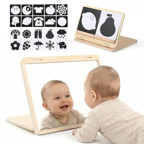 Tummy Time Play Set Adjustable Angle, Double-Sided Design, Montessori Tummy Time Toys Large Baby Safe Mirror and Card Display Stand with Black and White High Contrast Baby Cards