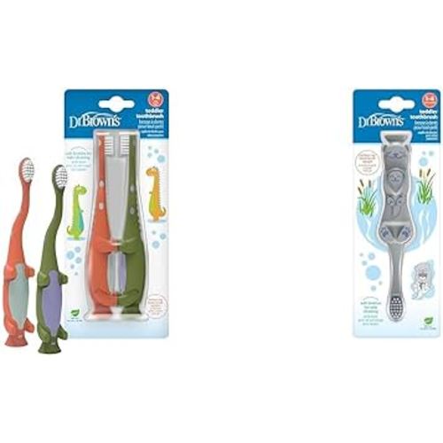 Dr. Brown's Baby and Toddler Toothbrush, Green and Orange Dinosaur 2-Pack and Otter 1-Pack, 1-4 Years