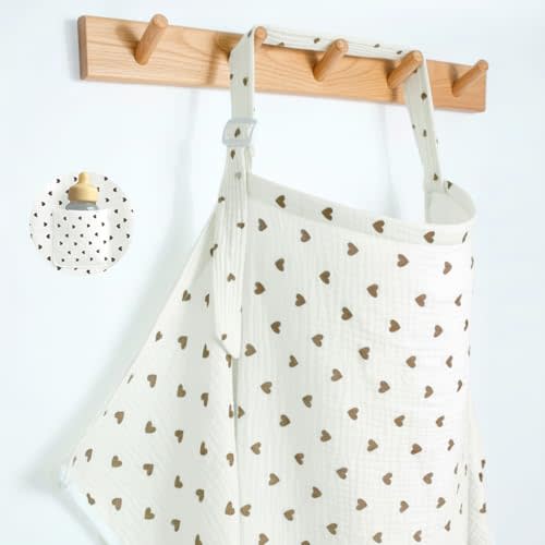 MUGVELL Muslin Nursing Covers for Breastfeeding, Arch Neckline Breast Feeding Covers for Women, Moms Privacy Breathable Summer Nursing Apron, 43.3" x 25.6" Soft Feeding Cover (Beige Sweet Khaki Heart)