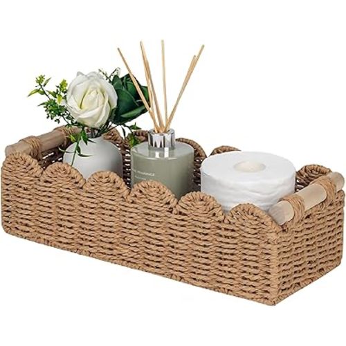 Paper Rope Scalloped Edge Storage Baskets with Wooden Handles – Decorative Organizer for Bathroom, Over Toilet Shelf, Bedroom, Living Room, End Table, Boho Home Decor – Set of 2