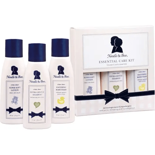 Noodle & Boo Essential Care 3 Piece Kit Super Soft Baby Lotion(2 Oz), Extra Gentle Shampoo(2 Oz) and Soothing Body Wash(2 Oz)