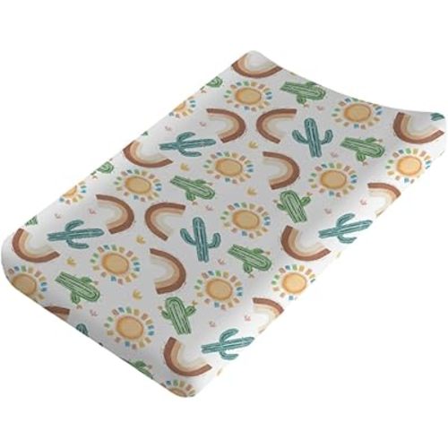 Boho Western Desert Baby Changing Pad Covers for Boy Girl 32''x16'' Green Cactus Rainbow Sun Fitted Diaper Changing Table Mats Desert Plants Landscape Soft Breathable Nursery Cradle & Bassinet Sheets