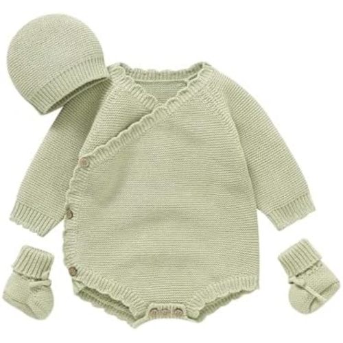 Opewod Unisex Baby 3 Piece Sweater Set Cotton Knit Romper with Hat and Booties, Long Sleeve Outfit Newborn Infant Clothes Light Green 0-1 Months