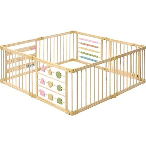 Wooden Playpen Extra Large for Toddlers and Babies - Foldable, Expandable, Adjustable - 8-10 Panels - Natural Wood - Unisex - Playpen