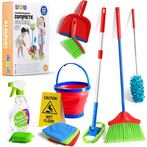Play22 Kids Cleaning Set 12 Piece - Toy Cleaning Set Includes Broom, Mop, Brush, Dust Pan, Duster, Sponge, Clothes, Spray, Bucket, Caution Sign, Toy Kitchen Toddler Cleaning Set - Original