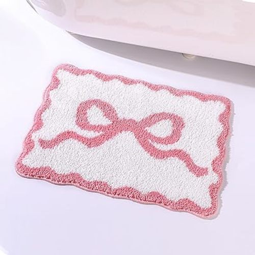 Scalloped Bow Bathroom Mat Non Slip Coquette Bow Rug Cute Aesthetic Scallop Carpet Preppy Room Decor Microfiber Absorbent Bath Rug for Bathroom Bathtub Shower Bedroom(Pink,16" X 24")