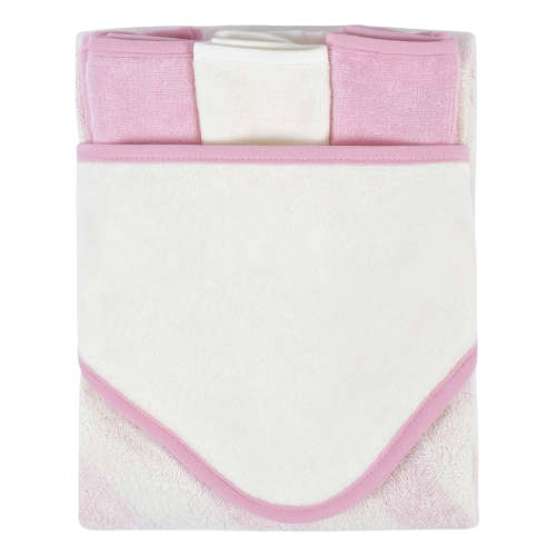 Embroidered 4-Piece Girls Striped Pink Hooded Towel & Washcloths Set