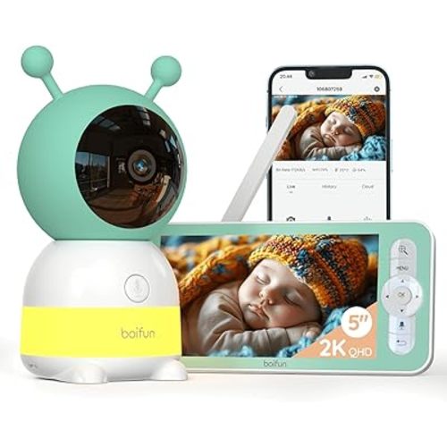 BOIFUN 2K WiFi Baby Monitor with Camera and Audio, Soothing Night Light, APP & 5" Split-Screen Control, Motion/Cries/Noise/Customizable Alarm Zones Detect, Auto Tracking, Humidity&Temperature Detect
