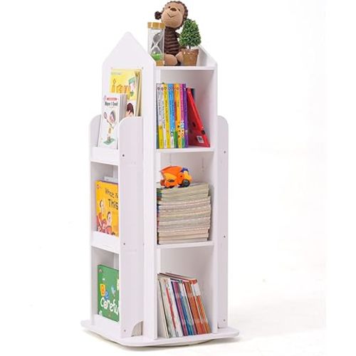 Rotating Bookshelf, 360 Display 3 Tier Floor Standing Bookcase Storage Rack, Kids Book Shelf Organizer, Small Corner Bookshelf for Small Space, for Bedroom, Living Room, White