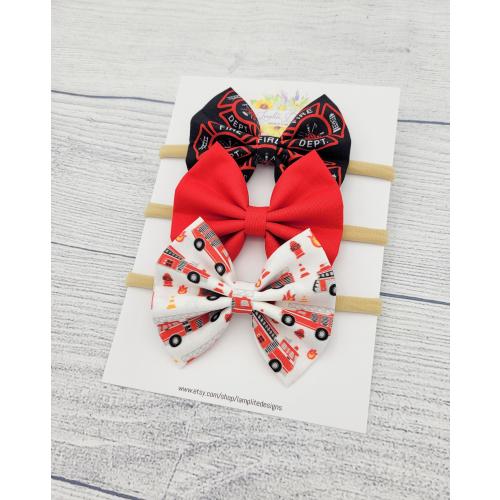 Firefighter Set of 3 Hair Bows - red line - fire truck fabric bow - red bow - baby shower gift - baby headbands - hand tied bows - FD