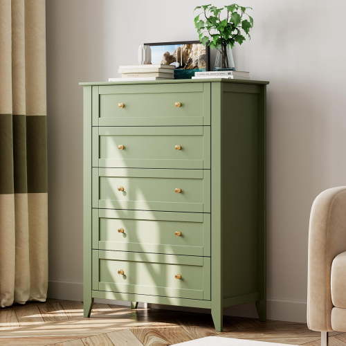 Sage Green 5-Drawer Tall Dresser With Deep Drawers And Brass-Finish Knobs Modern Wooden Chest