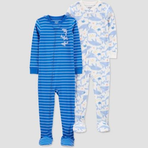 Carter's Just One You®️ Toddler Boys' 2pk Snug Fit Cotton Whales And Striped Footed Pajama - White/blue 12m