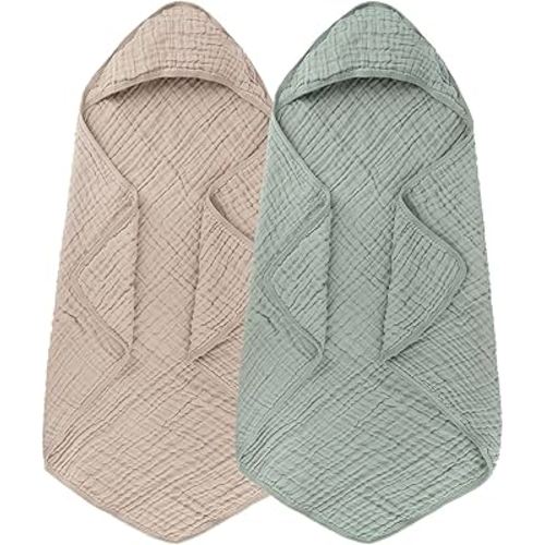Synrroe 2 Pack Hooded Muslin Cotton Baby Towels (Green/Brown), 32 by 32 Inches, Ultra-Soft & Breathable for Baby Bath Time