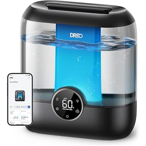 Dreo Smart Humidifiers for Bedroom, 6L Top Fill Supersized Cool Mist Humidifier for Large Room, 60 Hour Runtime, Quiet Ultrasonic Humidifiers for Plants, Baby, Indoor, Home, Night Light, Black