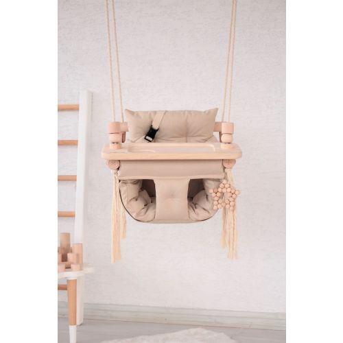 Baby Swing, Cotton Dark Beige Canvas Quilted Swing, Toys, Indoor Swing, Garden Swing, Gift For Baby, For Mom, Swing with pillow, Swing