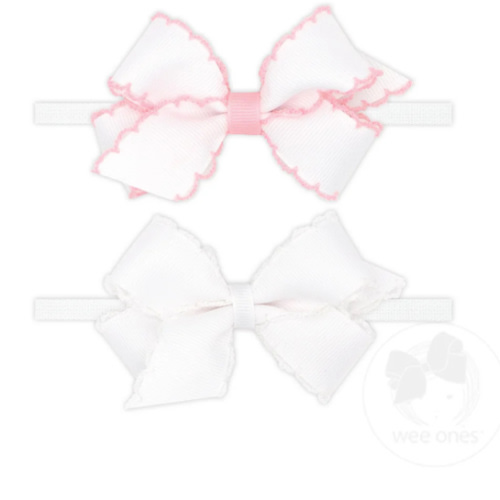GIFT PACK! Two Mini Grosgrain Bows with Moonstitch Edge on Skinny Nylon Band - WHL/WHW | Wee Ones Hair Bows & Accessories